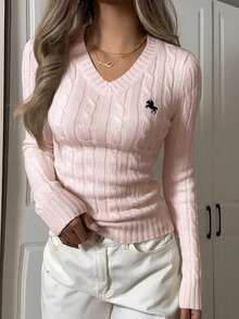 SHEIN EZwear كنزة صوفية ذات رقبة على شكل V مناسبة للمقاسات الكبيرة باللون الأسود، شعار كاجوال للخريف/الشتاء - وردي - مشاهدة 4