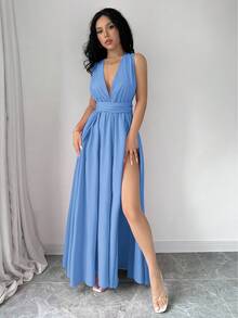 Rafferiza Sexy Multi-Way Crisscross Backless Split Evening Dress - Blue - View 7