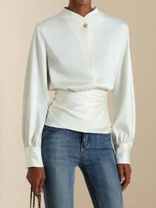 Lyxana Camisa elegante de mujer de manga larga con botón de metal, lazo y satén de unicolor - Beis - Ver 4