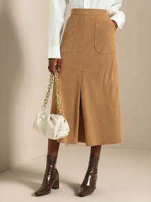SHEIN Veneréa Women's Casual Front & Middle Slit Corduroy A-Line Skirt - Brown - View 4