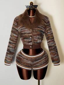 Mistrie Neues Damenkleid aus Kunstwolle mit langen Ärmeln, Plüschkragen und Perlenmuster, Low-Rise-Shorts-Set und lässigem Stil - Braun - Übersicht 4