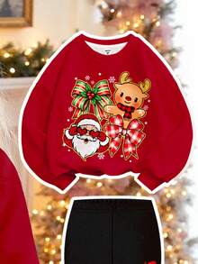 SHEIN Bộ đồ thể thao Happikins màu đỏ tía, họa tiết ông già Noel, tuần lộc hoạt hình dễ thương, nơ xinh xắn và bông tuyết, gồm áo nỉ dài tay cổ tròn và quần legging, thích hợp cho bé gái mặc hàng ngày vào mùa thu/đông, dịp năm mới, phong cách đường phố và các dịp lễ hội. - Nhiều màu - Xem 4