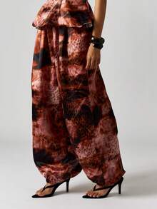MISSGUIDED Strapless Peplum Corset Top And Wide Leg Balloon Pants Coord Set Fall Winter Abstract Print - Brown - View 6