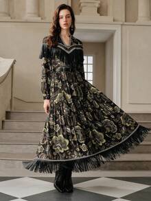 Anewsta Savoree Elegant Floral Print Tassel Dress, Autumn/Winter - Brown - View 5