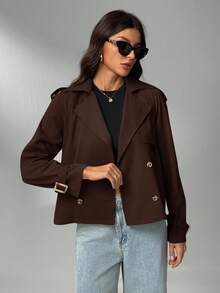 SHEIN Tall Women's Short Button Lapel Raincoat British Style Stylish Khaki Regular Hem Trench Coat With Long Sleeves For Everyday Comfort In Fall/Winter Brown Blazer Women Cropped Blazer Brown Jacket Women Cropped Jacket Oversized Jacket - Brown - View 6