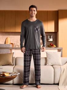 Provexi Provexi Plus Size Men's Comfortable Plaid Pocket Long Sleeve Top And Pants Pajama Set, Autumn, Christmas - Dark Grey - View 3