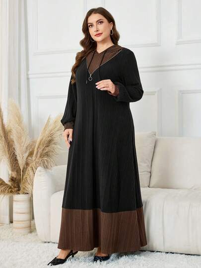 Al Najma Damen Kapuzen-Langarmkleid mit Farbblockdesign, 2-in-1 Reißverschluss, Dekor aus Plüschstoff, vielseitig einsetzbar, hochwertig, elegant, Lange Kleider, Große Größen, geeignet für Zuhause, Herbst/Winter