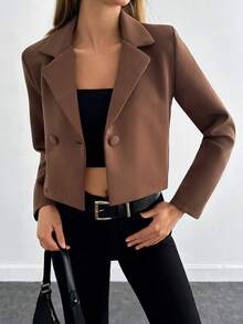 EURMUSE Women's Solid Color Long Sleeve Two-Button Short Casual Blazer - Brown - View 1