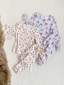 SHEIN Vintaside Kids 4pcs Girls Soft & Comfortable Sleepwear Set, Cute Bear & Bow Print, Casual Loungewear With Long Sleeve Top And Pants Kids Loungewear Soft Pajamas Set Kids Pj Sets "Tight Fit Pajama","Tight Fit","Snug Fit - Multicolor - View 8