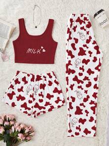 SHEIN Women Milk Texture Print Top & Pants & Shorts Fluffy Cozy Pajama Set Cute Sleep Set Cute Lounge Set Moo Moo For Women Sleeping Wear Heart Fluffy Cozy Pajama Set Cute Sets For Women, Winter Clothes
