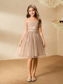 女童闪亮无袖连衣裙，后背蝴蝶结，公主薄纱裙，适合生日派对 - 卡其色 - 查看 3