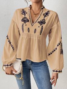 SHEIN LUNE Women's Shirred Graphic Print Long Sleeve Button Shirt Peplum Top - Apricot - View 6