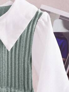 Blusa casual escolar 2 em 1 com bloco de cores e manga comprida e gola Peter Pan para meninas pré-adolescentes - Verde - Ver 5