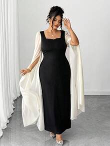 Elenzga Plus Size Women Elegant Waist Fitted Black & White Mesh Sleeve Dress Fall Cloth For Women - Black - View 6
