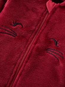 SHEIN 女婴睡衣，可爱柔软勃艮第兔子，睫毛刺绣眼睛和灵活耳朵设计长袖连帽连体衣家居服