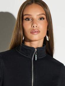 KIZN High Neck Zip Up Cropped Jacket With Full Zipper Closure For Winter Layering And Fall Outerwear - Black - View 4