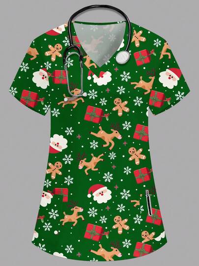 PopScrub 圣诞绿色V领短袖双口袋可爱圣诞老人、姜饼人、驯鹿、雪花图案，圣诞礼物，卡通印花护士/医生制服上衣/检查手术服/女士纯色宠物美容工作服上衣/营养师工作服短袖/实验室工作服，多口袋功能性工作服，女士节日功能性圣诞上衣，圣诞装饰，可爱，欢乐