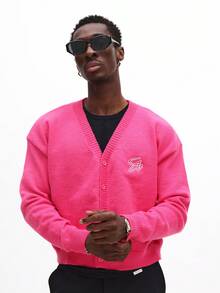 SUMWON Crop Fit Bright Button Front Cardigan With Logo Embroidery For Casual Layering Spring Summer Wear - Hot Pink - View 1