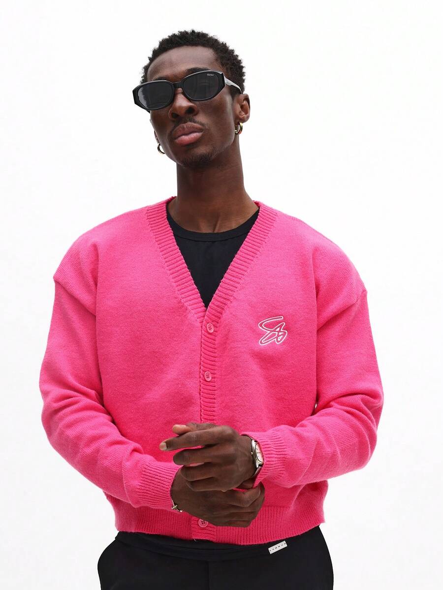 SUMWON Crop Fit Bright Button Front Cardigan With Logo Embroidery For Casual Layering Spring Summer Wear - Hot Pink - View 1