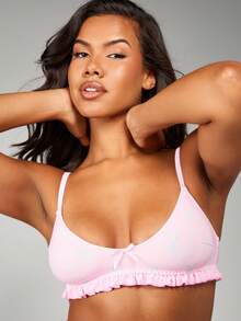 Missguided x Playboy 印花荷叶边细节文胸和丁字裤贴身内衣套装，带荷叶边 - 粉色 - 查看 4