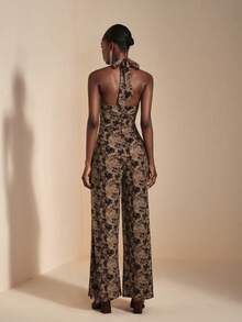JIAN LASALA Tie-Dyed Rib Knit Halter Cross Neck Tie Backless Flared-Leg Jumpsuit Women Autumn Winter Luxury Stylish Clothing Collection Elegant Graphic Jumpsuit - Multicolor - View 2