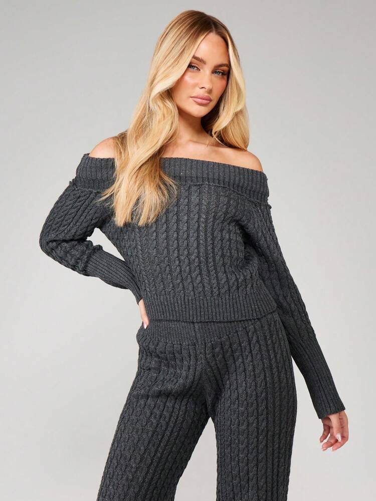 MISSGUIDED Conjunto de dos piezas a juego de suéter de punto trenzado con hombros descubiertos y pantalones anchos de pierna ancha, acogedor para el invierno y el otoño