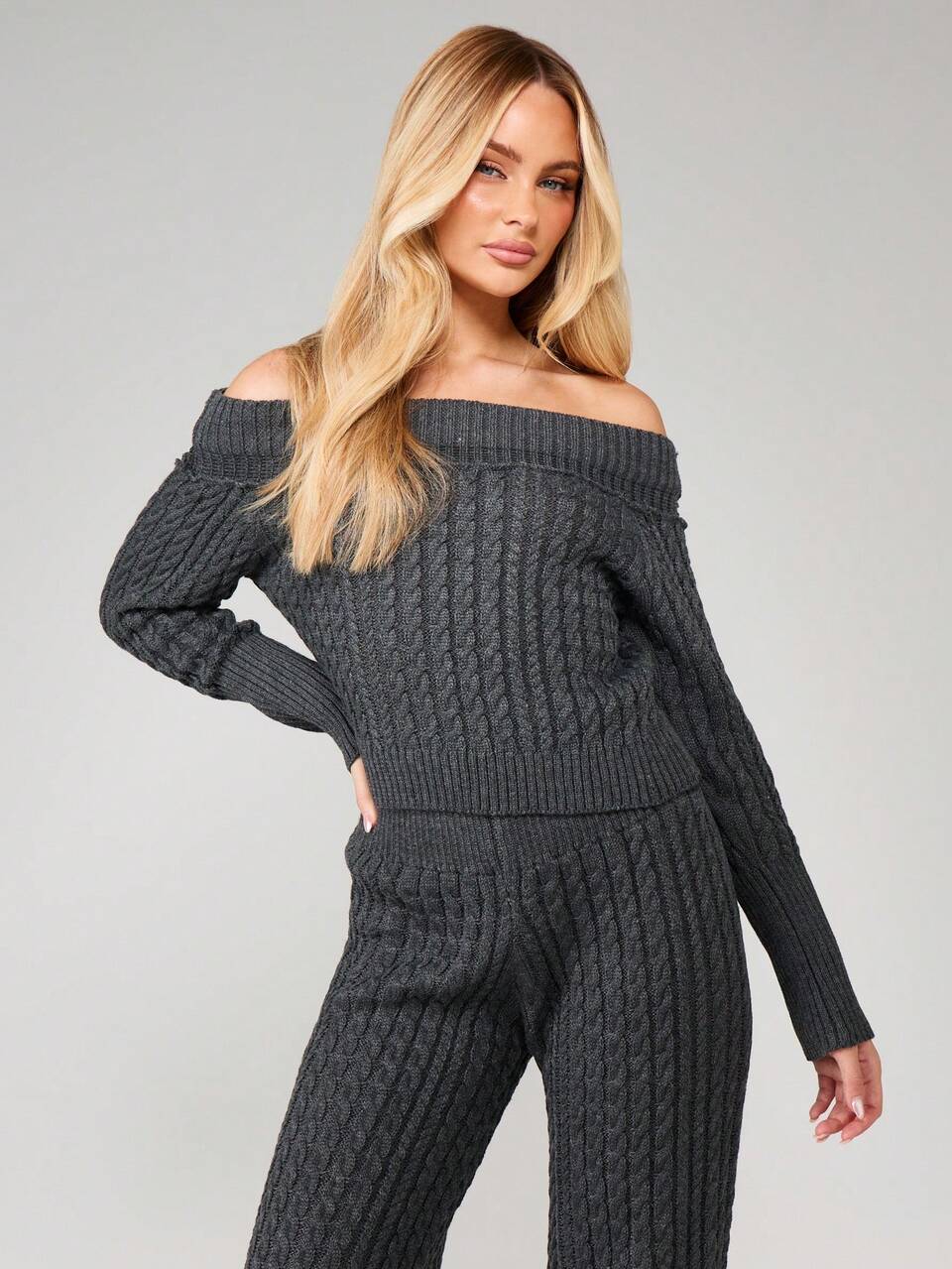 MISSGUIDED Off Shoulder Cable Knit Sweater Co-Ord Set Winter Fall Cozy Lounge Wide Leg Pants Matching Two Piece Outfit