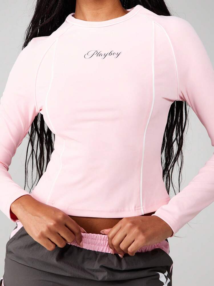 Missguided x Playboy Long Sleeve Fitted Crop Top With Raglan Sleeves For Athletic Training