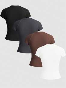 Gameset SHEIN Sport 女式纯色圆领插肩短袖无缝运动T恤 - 彩色 - 查看 2