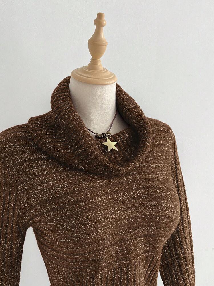 Elamini Áo len cổ lọ tay dài ôm vừa vặn cho nữ, thời trang cho mùa thu/đông - màu nâu - Xem 4