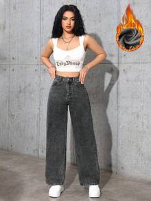 Jeanoix 女式高腰口袋阔腿宽松休闲百搭牛仔裤 - 深灰色 - 查看 3