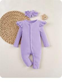 SHEIN Newborn Baby Girl Ruffle Trim Button Front Ribbed Knit Sleep Jumpsuit & Headband - Lilac Purple - View 1