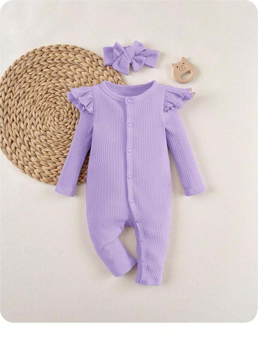 SHEIN Newborn Baby Girl Ruffle Trim Button Front Ribbed Knit Sleep Jumpsuit & Headband - Lilac Purple - View 1