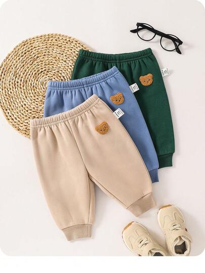 3pcs Newborn Baby Boy/Girl Cute Cartoon Pattern Elastic Waist Knit Pants, Casual & Versatile