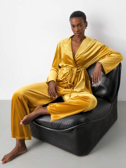 Maija Women's Solid Color Minimalist Long Sleeve Top And Pants Velvet Suit, Casual Everyday Wear,Winter Clothes, Fall Clothes For Women,, Autumn Clothes For Women,, Halloween Costume, Christmas Pajamas , Christmas Outfit For Women, Elegant Women's Set, Casual Outfit For Women,Lace-Up Design, Velvet Party, Pajama Party, New Year Outfit, Women's Long-Sleeve Top And Loose Pants Set.