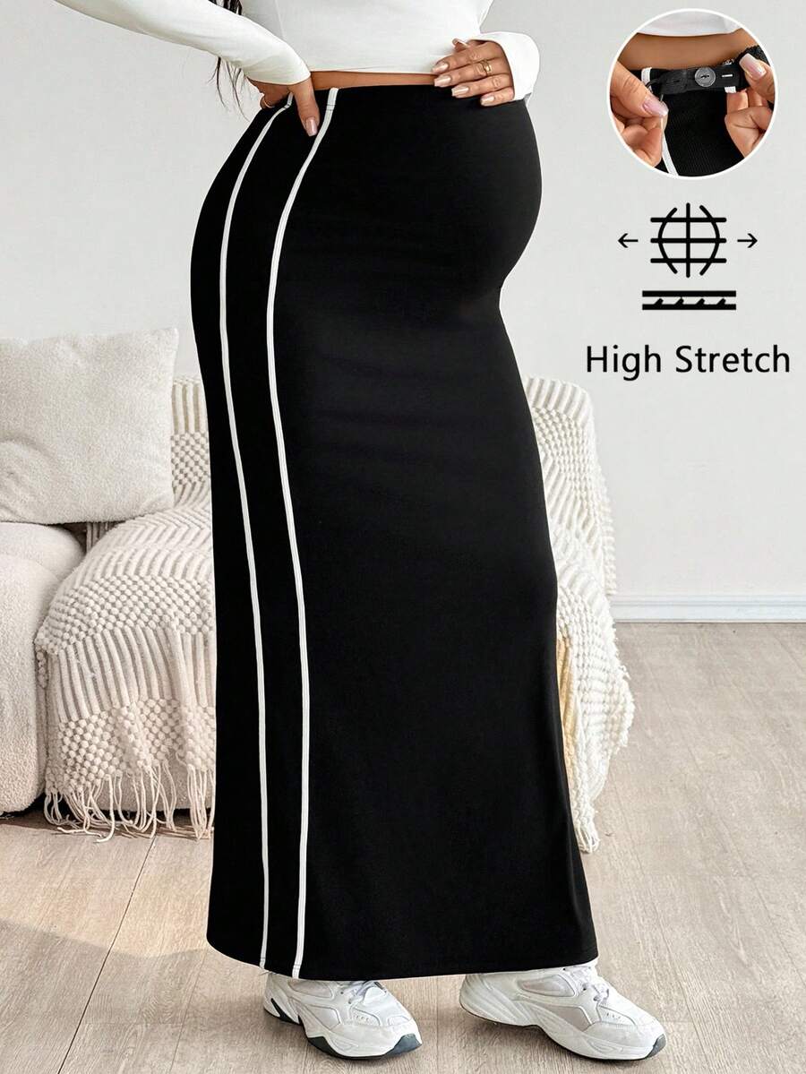 SHEIN Fall Clothes,Autumn Clothes,Maternity Autumn/Winter Clothes  Adjustable Waist Side Stripe Long Casual Maternity Skirt - Black - View 1