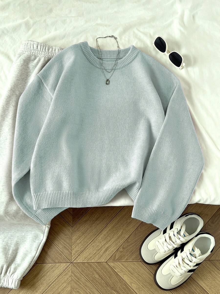 Elamini Women's Solid Color Crew Neck Long Sleeve Casual Pullover Sweater, Autumn/Winter - Light Grey - View 1