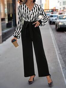 SHEIN Clasi 女式V领条纹长袖阔腿优雅连体裤 - 黑色 - 查看 13