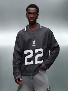 PLAYBOY X SUMWON Regular Fit Long Sleeve Football Mesh Tee With Contrast Collar And Number Print - Black - View 2