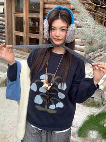 Dazy Plus Tulip Jacquard Pattern Casual Loose Crew Neck Sweater For Girls, Autumn/Winter - Navy Blue - View 5