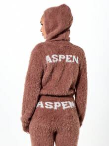 SUMWON WOMEN Chaqueta de punto con capucha con cremallera, textura de sherpa, cálida y cómoda para estar en casa en invierno - Marrón - Ver 2