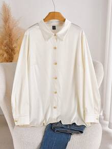 CosyJoli French Casual Simple Apricot Satin Basic Open-Collar Plus Size Shirt, Suitable For Office Commuting, Daily Wear, Metal Button Tops, Going Out Clothing