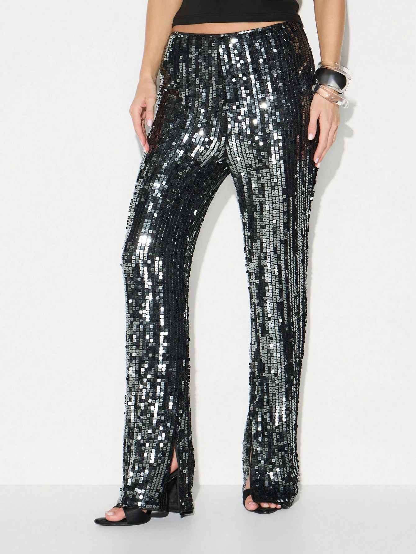 KIZN Calças largas com lantejoulas e cós elástico