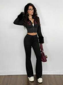 StreetHx 2pcs Women Fashion Printed Zip-Up Short Jacket & Solid Color Pants Set - Black - View 3