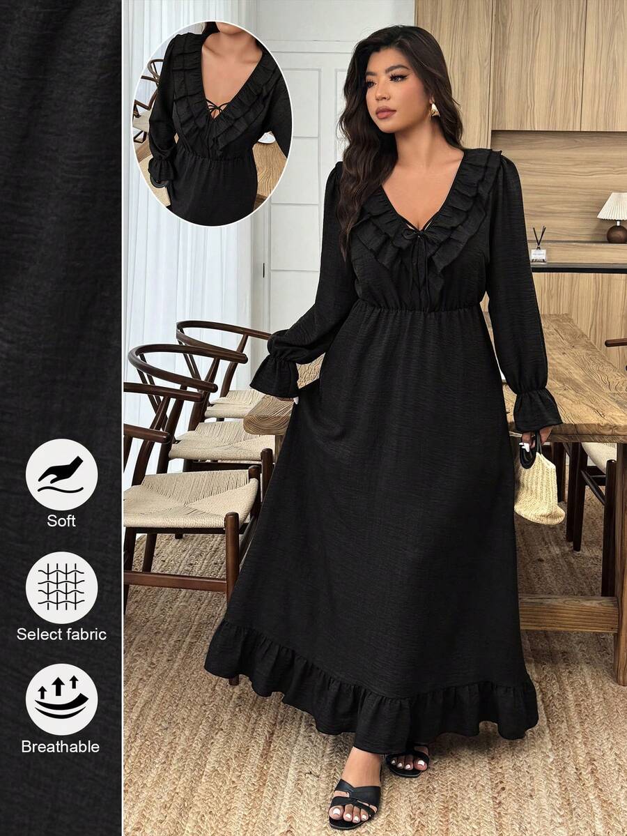 Weeklong Đầm dài tay cổ bèo nhún màu trơn thanh lịch cỡ lớn cho nữ - màu đen - Xem 1