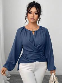 Elenzga Plus Size Women's Solid Color Keyhole Neck Lantern Sleeve Ruched High-Low Hem Fashionable Blouse