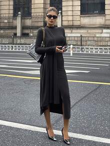 Livesso Women's Autumn High Neck Ruched Tie-Waist Side Slit Dress