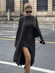 Livesso Women's Autumn High Neck Ruched Tie-Waist Side Slit Dress