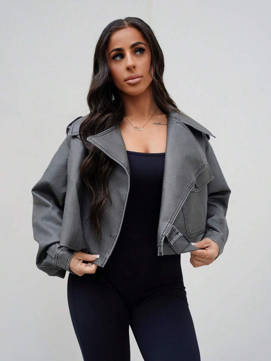 SAYEHFBABY Fashion Zip Up Laple Neck Crop Moto Jacket Fall Winter Cloth For Women - Grey - View 1
