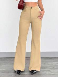SHEIN EZwear 时尚百搭休闲卡其色喇叭裤 - 卡其色 - 查看 1